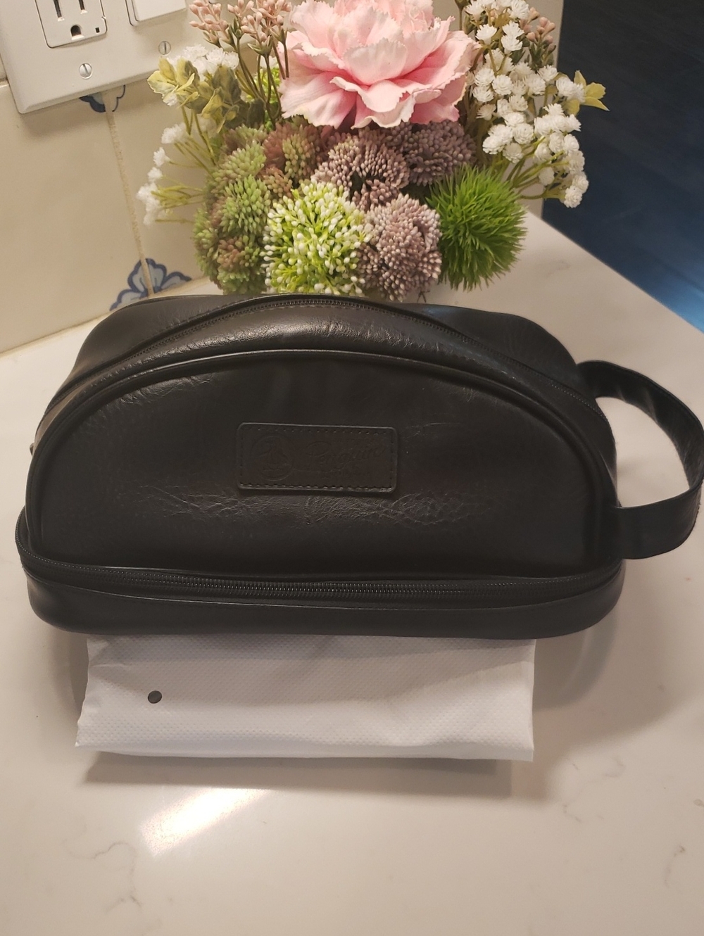 Classic Black Leather Look Toiletry Bag with Side Handle